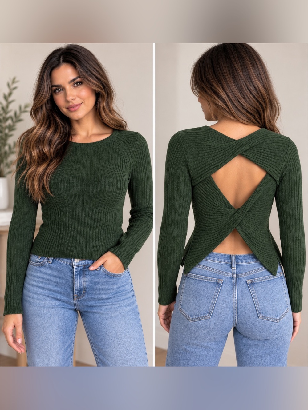 Astr Dark Green Ribbed Twist-Back Crew Sweater
